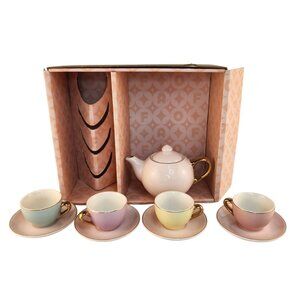 FAO Schwarz Ceramic Childrens Tea Set 10pc Pastel Hand Glazed Gold Accent Tea Pa
